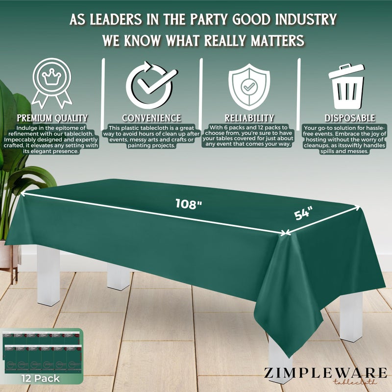 ZIMPLEWARE Premium Dark Green Plastic Table Cloth Disposable (12 Pk) Plastic Tablecloths for Rectangle Tables (54in x 108in) Party Table Cloths Disposable for 6ft to 8ft Rectangle Tables - Image 3